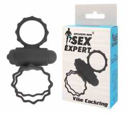Черное эрекционное виброкольцо с колечками для мошонки Sex Expert