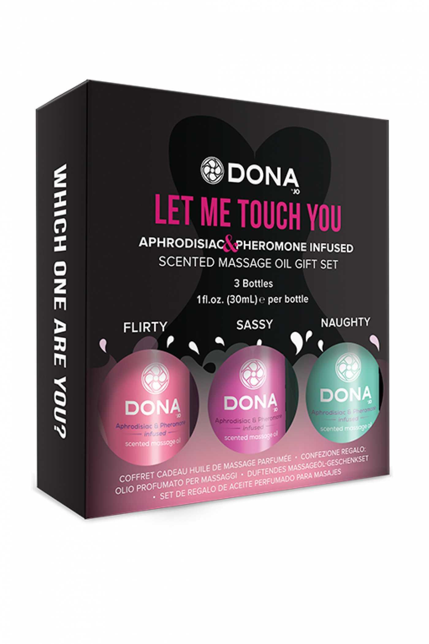 Подарочный набор вкусовых массажных масел с феромонами «DONA by JO» 3х30 мл.