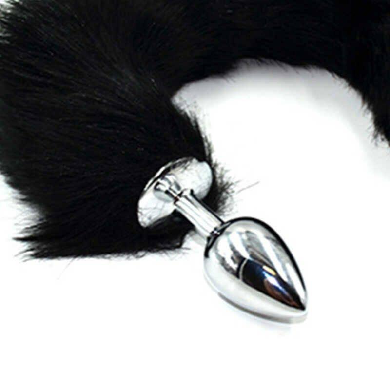 Серебряная анальная пробка с черным гибким хвостом Small, диаметр втулки 3 см. Vestalshop.ru - Изображение 1