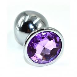 Серебряная анальная пробка с фиолетовым кристаллом, 4.1 см. Vestalshop.ru - Изображение 1