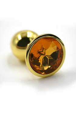 Золотая анальная пробка с ярко-оранжевым кристаллом (Small)